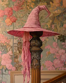Pink Witch Hat on Bedpost - Witches and Witchcraft Wall Art Prints – 8″x10″ Artwork for 11″x14″ Frame
