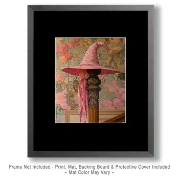 Pink Witch Hat on Bedpost - Witches and Witchcraft Wall Art Prints – 8″x10″ Artwork for 11″x14″ Frame