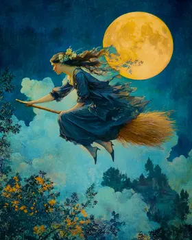 Midnight Ride - Witches and Witchcraft Wall Art Prints – 8″x10″ Artwork for 11″x14″ Frame