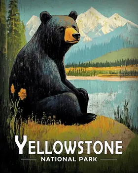 Vintage Black Bear - Yellowstone Souvenir Art Prints - 8"x10" Artwork for 11"x14" Frame