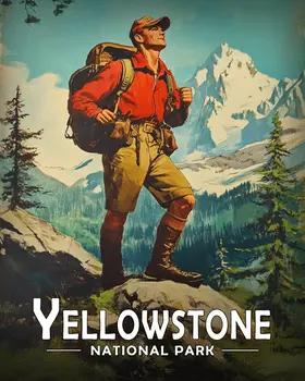 Vintage Hiker - Yellowstone Souvenir Art Prints - 8"x10" Artwork for 11"x14" Frame