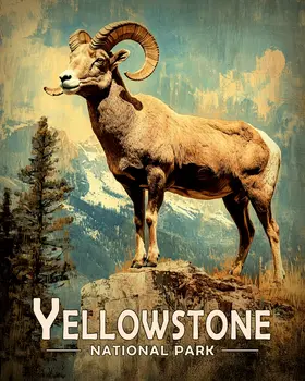 Vintage Bighorn Sheep Ram - Yellowstone Souvenir Art Prints - 8"x10" Artwork for 11"x14" Frame