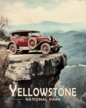 Vintage Auto Cliff View - Yellowstone Souvenir Art Prints - 8"x10" Artwork for 11"x14" Frame