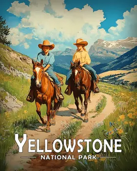 Two Young Horseback Riders - Yellowstone Souvenir Art Prints - 8"x10" Artwork for 11"x14" Frame