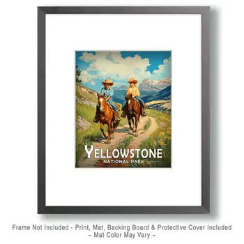 Two Young Horseback Riders - Yellowstone Souvenir Art Prints - 8"x10" Artwork for 11"x14" Frame