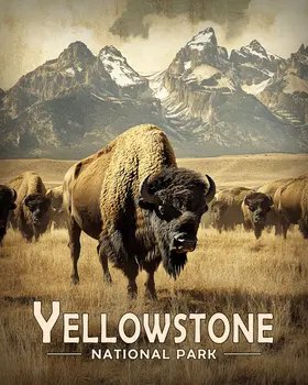 Vintage Bison Scene - Yellowstone Souvenir Art Prints - 8"x10" Artwork for 11"x14" Frame