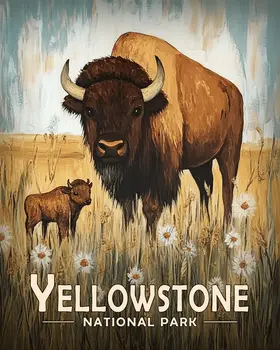 Bison and Baby - Yellowstone Souvenir Art Prints - 8"x10" Artwork for 11"x14" Frame