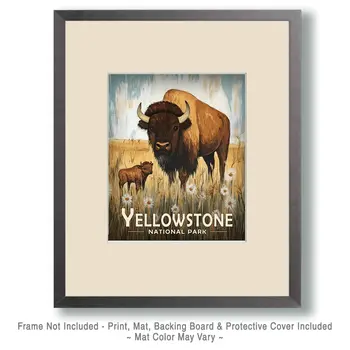 Bison and Baby - Yellowstone Souvenir Art Prints - 8"x10" Artwork for 11"x14" Frame