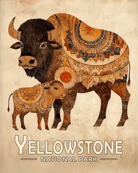 Stylized Bison and Baby - Yellowstone Souvenir Art Prints - 8"x10" Artwork for 11"x14" Frame