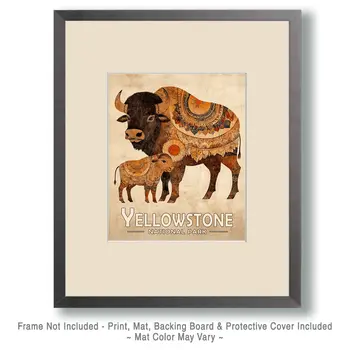 Stylized Bison and Baby - Yellowstone Souvenir Art Prints - 8"x10" Artwork for 11"x14" Frame