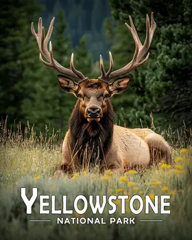 Relaxing Bull Elk - Yellowstone Souvenir Art Prints - 8"x10" Artwork for 11"x14" Frame