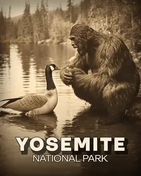 Bigfoot Talking to a Canadian Goose - Yosemite Souvenir Art Prints - 8"x10" Artwork for 11"x14" Frame