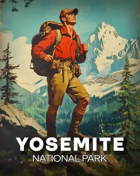 Vintage Hiker - Yosemite Souvenir Art Prints - 8"x10" Artwork for 11"x14" Frame