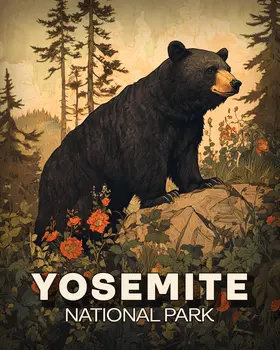 Antique Style Black Bear - Yosemite Souvenir Art Prints - 8"x10" Artwork for 11"x14" Frame