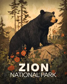 Vintage Black Bear - Zion Souvenir Art Prints - 8"x10" Artwork for 11"x14" Frame