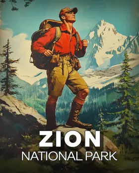 Vintage Hiker - Zion Souvenir Art Prints - 8"x10" Artwork for 11"x14" Frame
