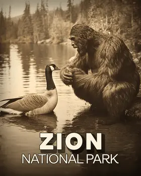 Bigfoot Talking to Canadian Goose - Zion Souvenir Art Prints - 8"x10" Artwork for 11"x14" Frame