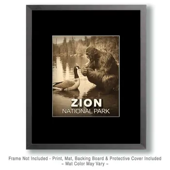 Bigfoot Talking to Canadian Goose - Zion Souvenir Art Prints - 8"x10" Artwork for 11"x14" Frame