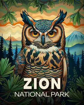 Folk Art Owl - Zion Souvenir Art Prints - 8"x10" Artwork for 11"x14" Frame