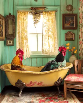 Two Roosters in a Bathtub - Bathroom Wall Art Prints – 8″x10″ Artwork for 11″x14″ Frame