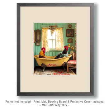 Two Roosters in a Bathtub - Bathroom Wall Art Prints – 8″x10″ Artwork for 11″x14″ Frame