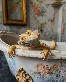 Bearded Dragon in Bathtub - Bathroom Wall Art Prints – 8″x10″ Artwork for 11″x14″ Frame