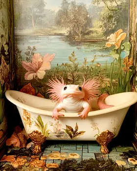 Axolotl in Bathtub - Bathroom Wall Art Prints – 8″x10″ Artwork for 11″x14″ Frame