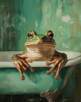 Green Frog in Bathtub - Bathroom Wall Art Prints – 8″x10″ Artwork for 11″x14″ Frame