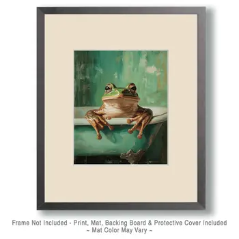 Green Frog in Bathtub - Bathroom Wall Art Prints – 8″x10″ Artwork for 11″x14″ Frame