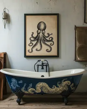 Octopus Artwork - Bathroom Wall Art Prints – 8″x10″ Artwork for 11″x14″ Frame