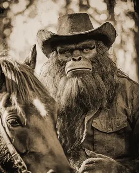 Bigfoot with His Trusty Horse - Bigfoot Art Prints – 8″x10″ Artwork in 11″x14″ Mat