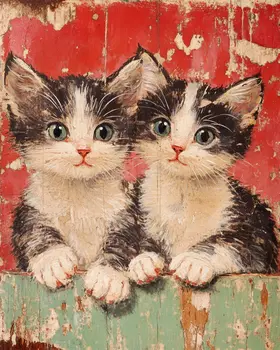 Quite a Pair - Cat & Kitten Folk Art Prints - 8"x10" Artwork for 11"x14" Frame