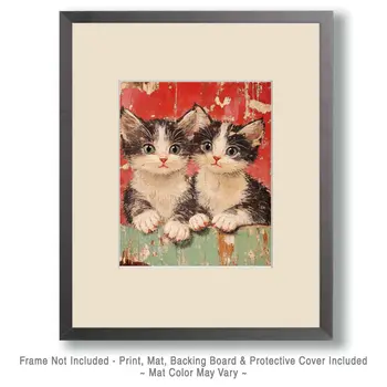 Quite a Pair - Cat & Kitten Folk Art Prints - 8"x10" Artwork for 11"x14" Frame