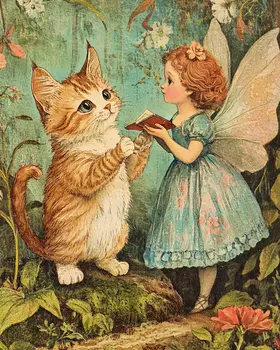 Fairy Reading to Kitty - Cat & Kitten Folk Art Prints - 8"x10" Artwork for 11"x14" Frame