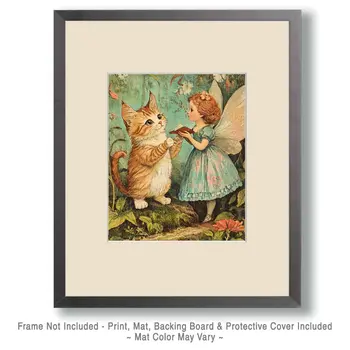 Fairy Reading to Kitty - Cat & Kitten Folk Art Prints - 8"x10" Artwork for 11"x14" Frame