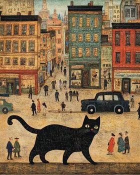 City Kitty - Cat & Kitten Folk Art Prints - 8"x10" Artwork for 11"x14" Frame
