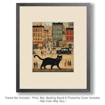 City Kitty - Cat & Kitten Folk Art Prints - 8"x10" Artwork for 11"x14" Frame