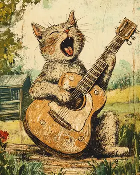 Wailin' Kat - Cat & Kitten Folk Art Prints - 8"x10" Artwork for 11"x14" Frame