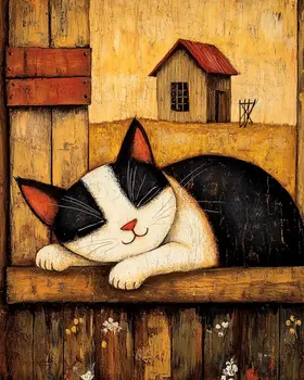 Folk Art Sleeping Barn Kitty - Cat & Kitten Folk Art Prints - 8"x10" Artwork for 11"x14" Frame