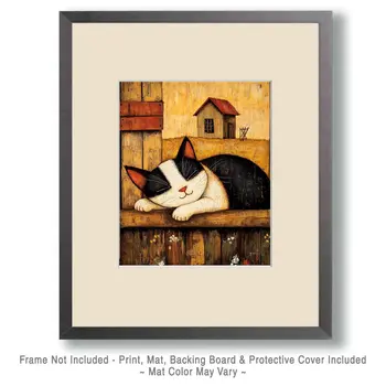 Folk Art Sleeping Barn Kitty - Cat & Kitten Folk Art Prints - 8"x10" Artwork for 11"x14" Frame