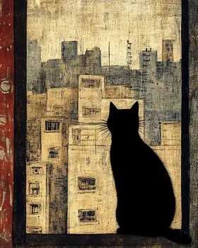 Cityscape Kitty - Cat & Kitten Folk Art Prints - 8"x10" Artwork for 11"x14" Frame