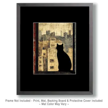 Cityscape Kitty - Cat & Kitten Folk Art Prints - 8"x10" Artwork for 11"x14" Frame