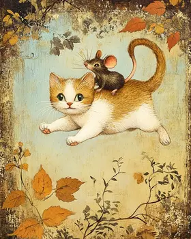 Mouse Ride - Cat & Kitten Folk Art Prints - 8"x10" Artwork for 11"x14" Frame
