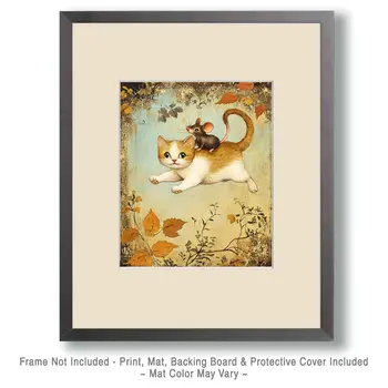 Mouse Ride - Cat & Kitten Folk Art Prints - 8"x10" Artwork for 11"x14" Frame