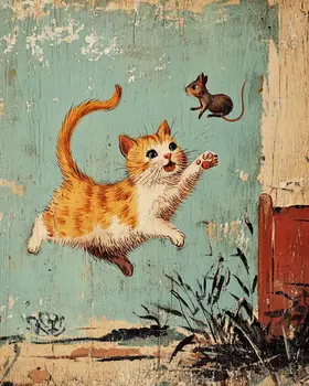 Mouse Hunt - Cat & Kitten Folk Art Prints - 8"x10" Artwork for 11"x14" Frame