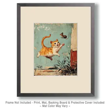 Mouse Hunt - Cat & Kitten Folk Art Prints - 8"x10" Artwork for 11"x14" Frame