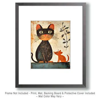 Folk Art Kat & Mouse - Cat & Kitten Folk Art Prints - 8"x10" Artwork for 11"x14" Frame