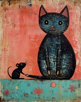 Curious Mouse - Cat & Kitten Folk Art Prints - 8"x10" Artwork for 11"x14" Frame