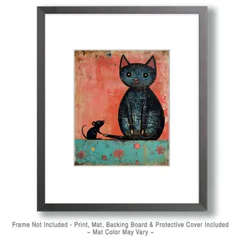 Curious Mouse - Cat & Kitten Folk Art Prints - 8"x10" Artwork for 11"x14" Frame