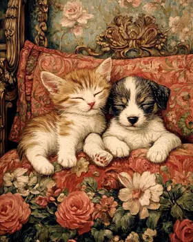 Sleeping Friends - Cat & Kitten Folk Art Prints - 8"x10" Artwork for 11"x14" Frame